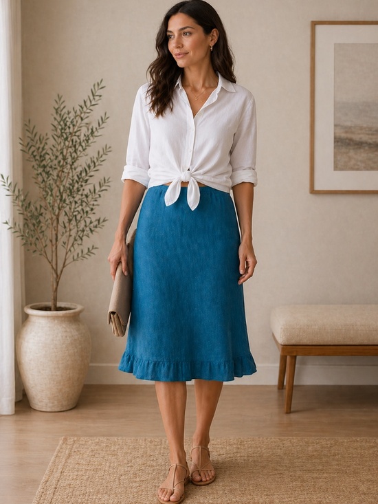 bryn Walker Dresses & Skirts - Bryn Walker Linen A-Line Skirt Teal Ruffle Hem Elastic Waist Large